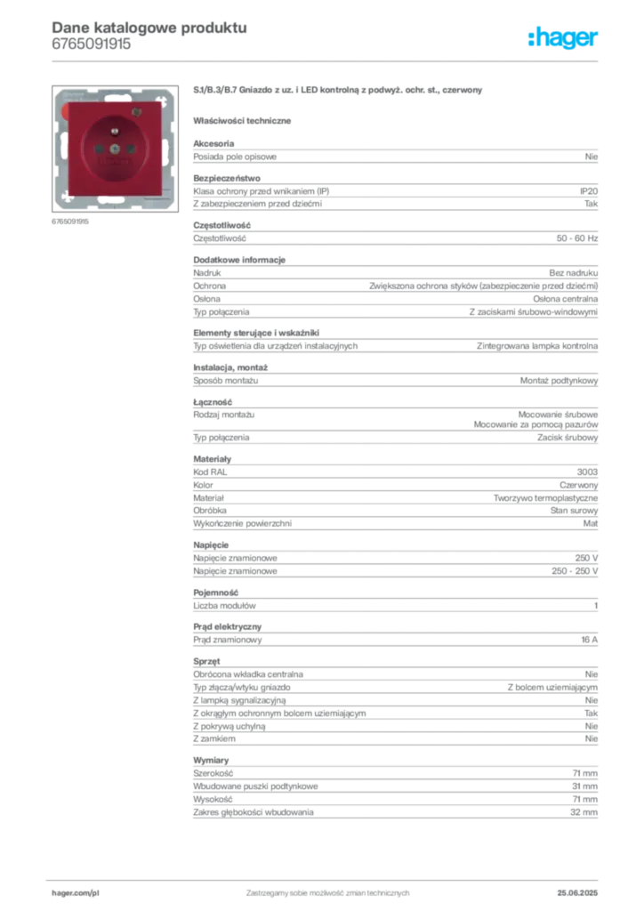 Zdjęcie Hager Dane katalogowe produktu 6765091915 | Hager Polska