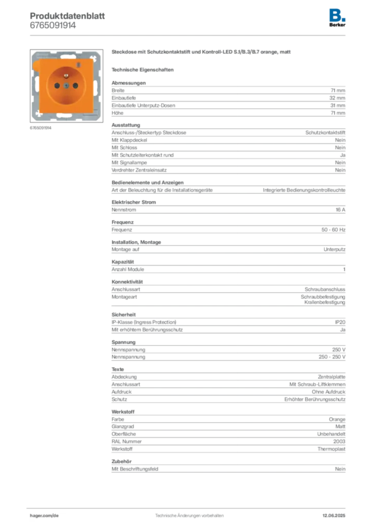 Berker Produktdatenblatt 6765091914