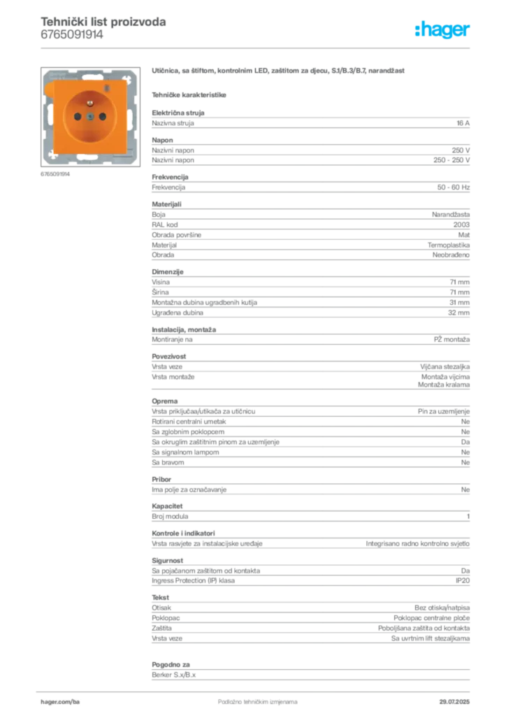 Slika Hager Product data sheet 6765091914  | Hager