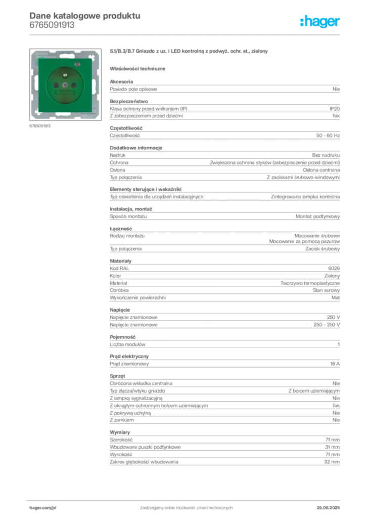 Zdjęcie Hager Dane katalogowe produktu 6765091913 | Hager Polska