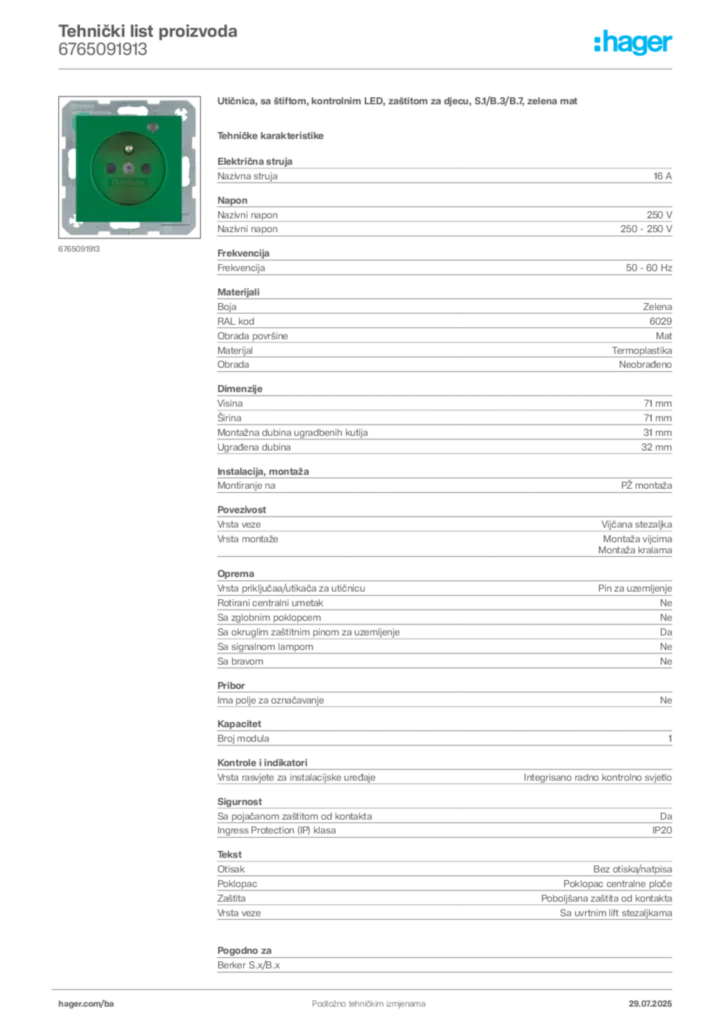 Slika Hager Product data sheet 6765091913  | Hager