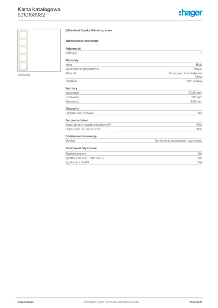 Zdjęcie Hager Karta katalogowa 5310158982 | Hager Polska