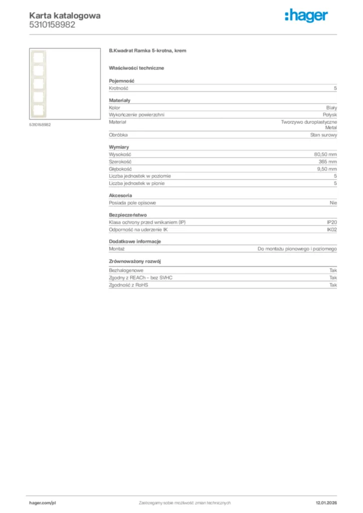 Zdjęcie Hager Karta katalogowa 5310158982 | Hager Polska
