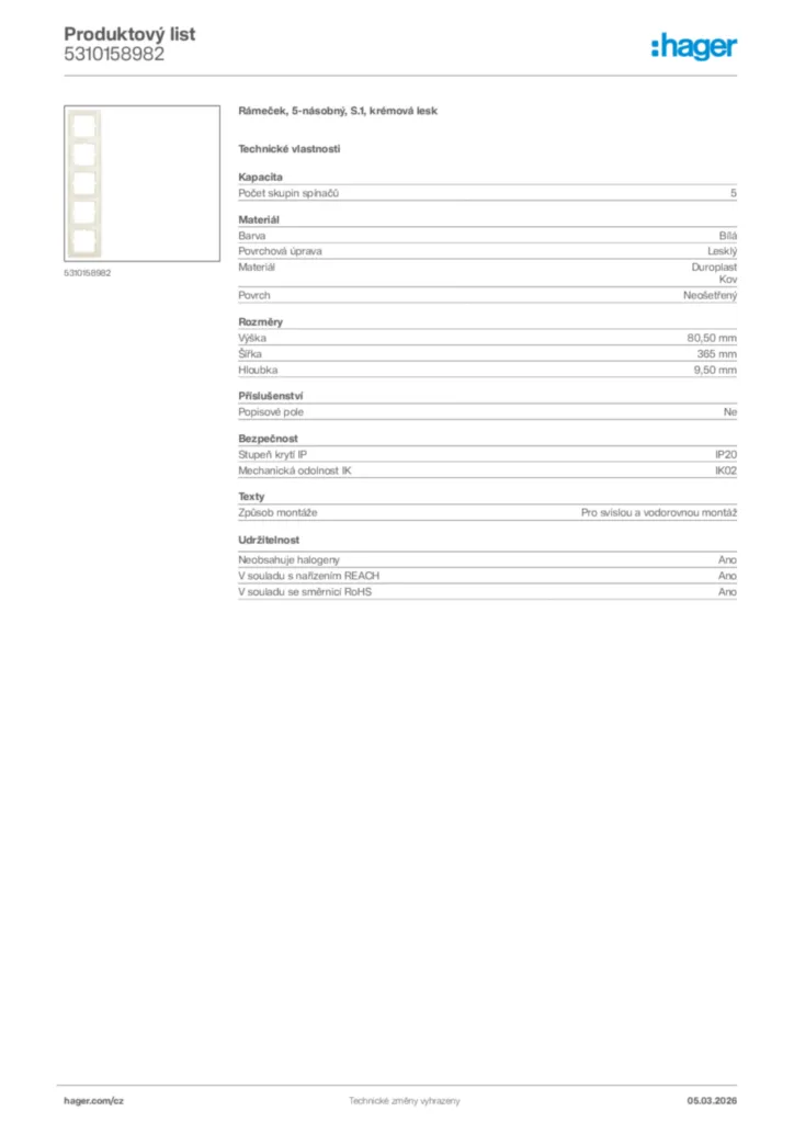 Obrázek Hager Product data sheet 5310158982 | Hager