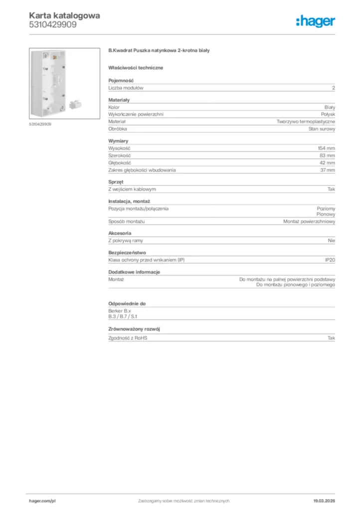 Zdjęcie Hager Karta katalogowa 5310429909 | Hager Polska