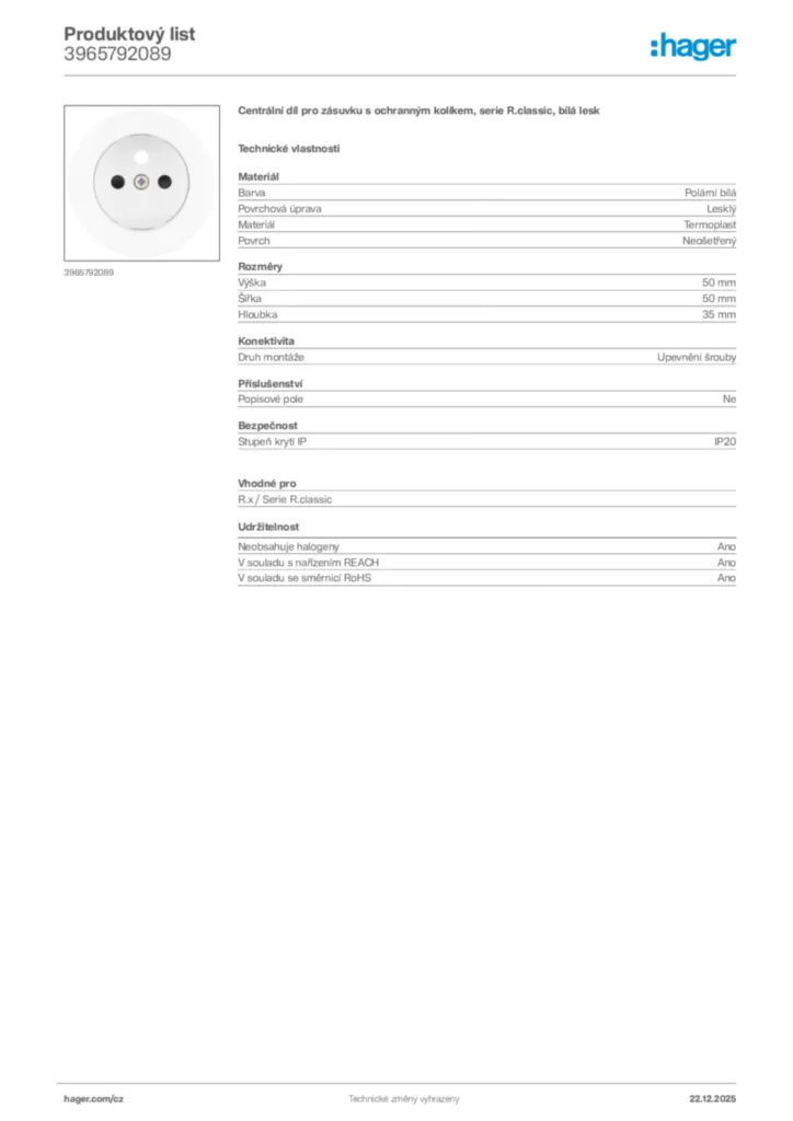Obrázek Hager Produktový list 3965792089 | Hager