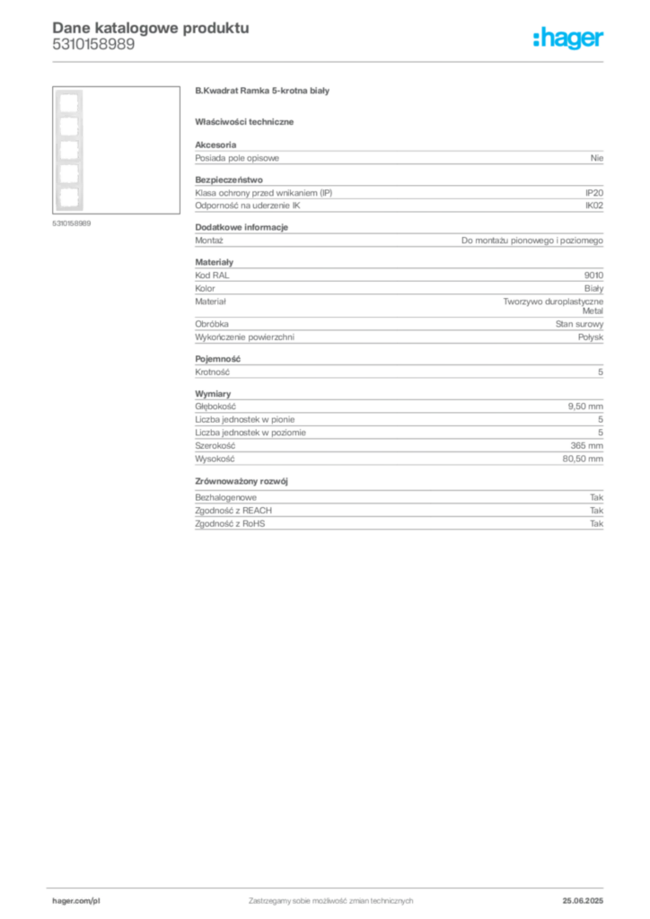 Zdjęcie Hager Dane katalogowe produktu 5310158989 | Hager Polska