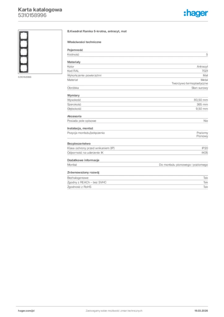 Zdjęcie Hager Karta katalogowa 5310158996 | Hager Polska