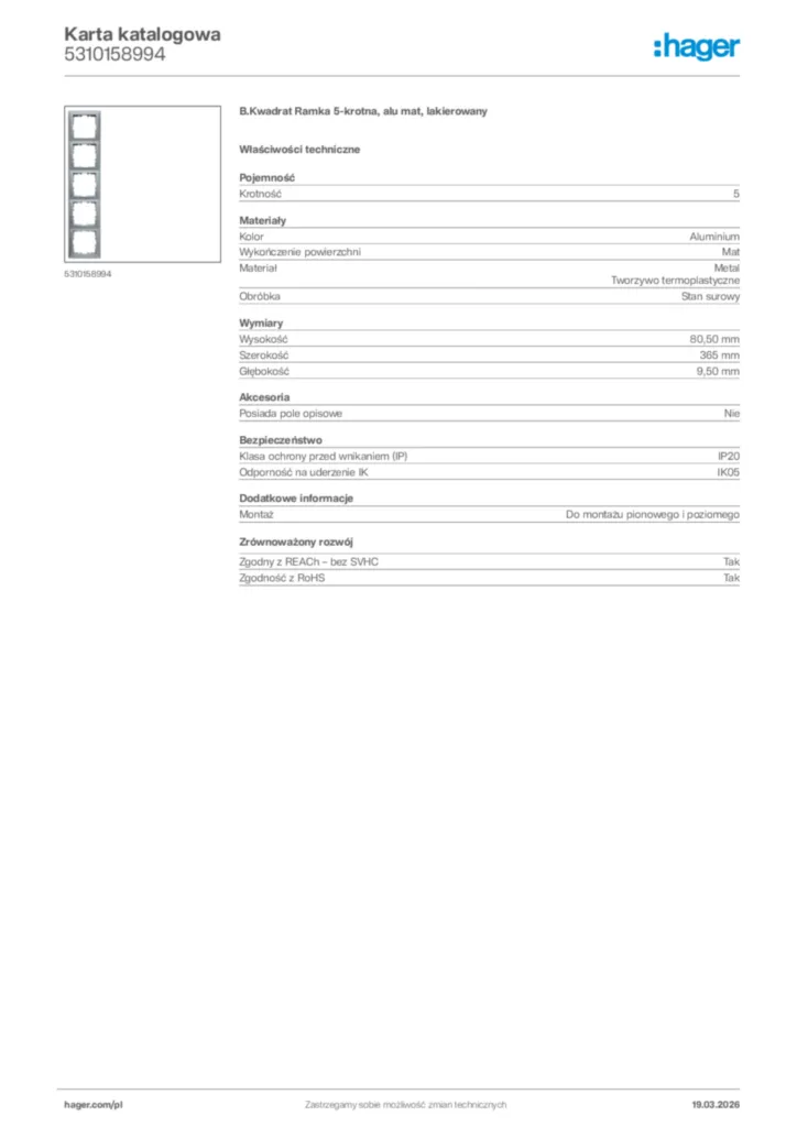 Zdjęcie Hager Karta katalogowa 5310158994 | Hager Polska