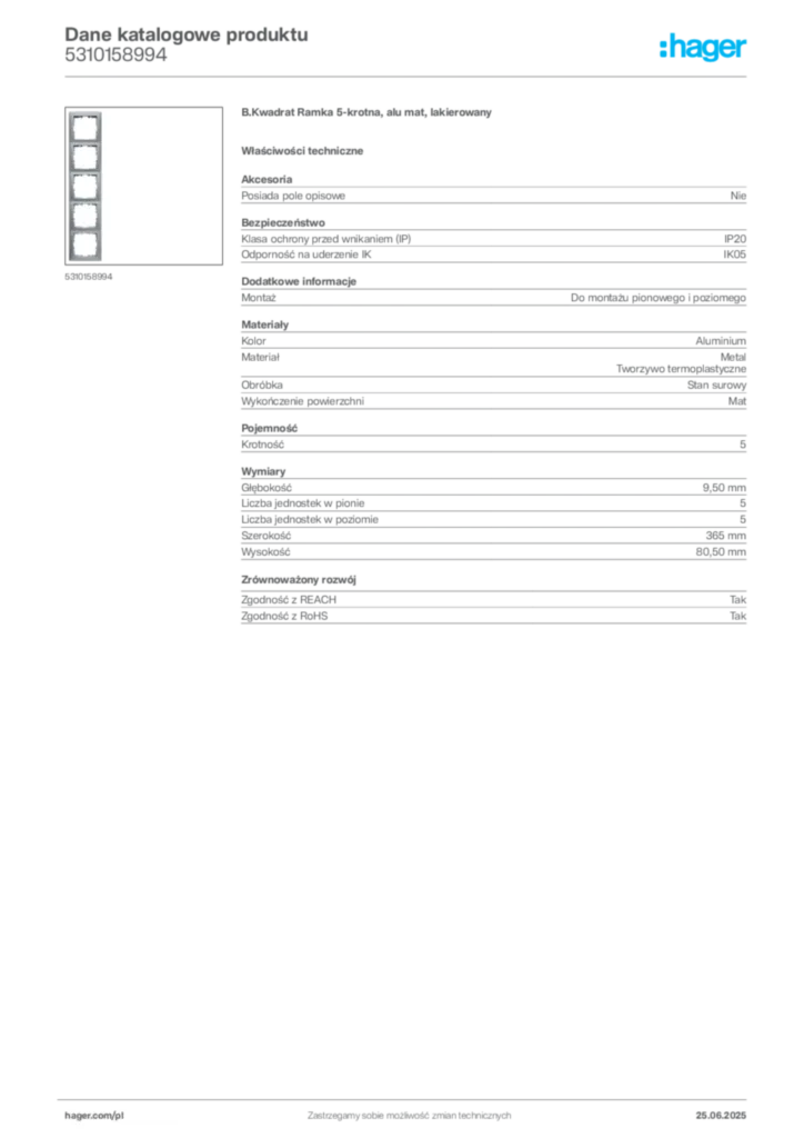 Zdjęcie Hager Dane katalogowe produktu 5310158994 | Hager Polska