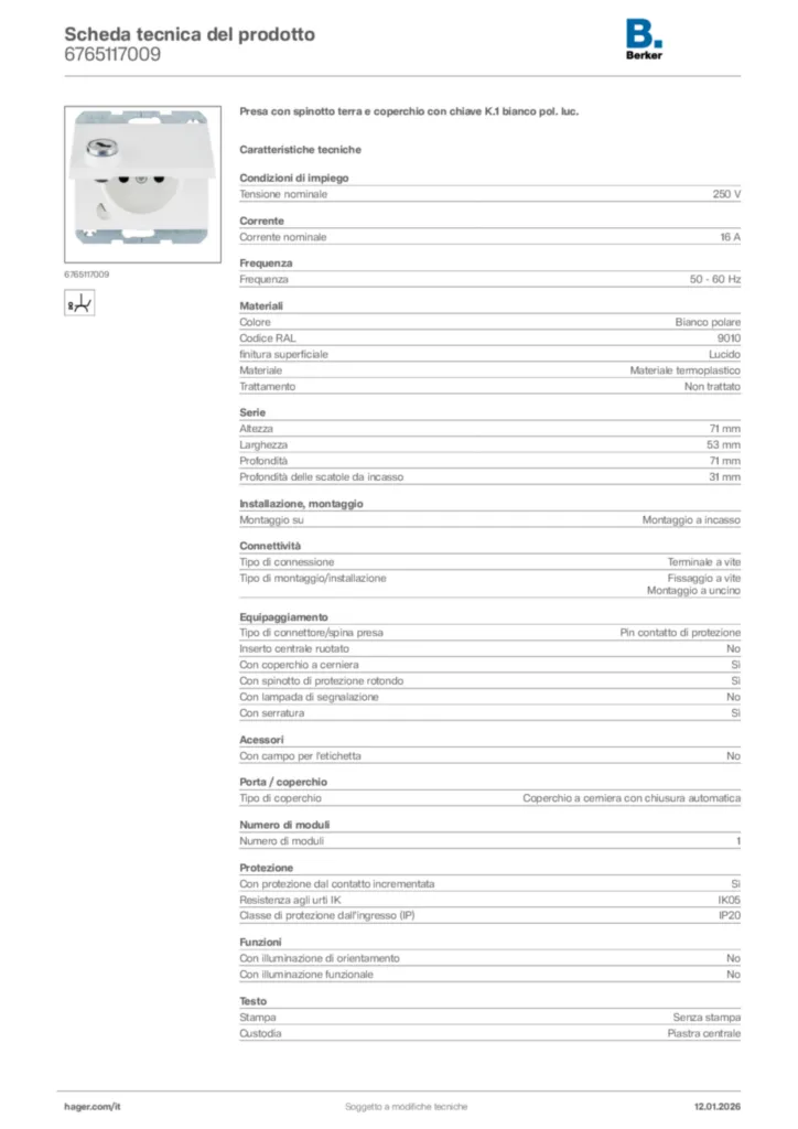 Immagine Berker Scheda tecnica del prodotto 6765117009 | Hager Italia