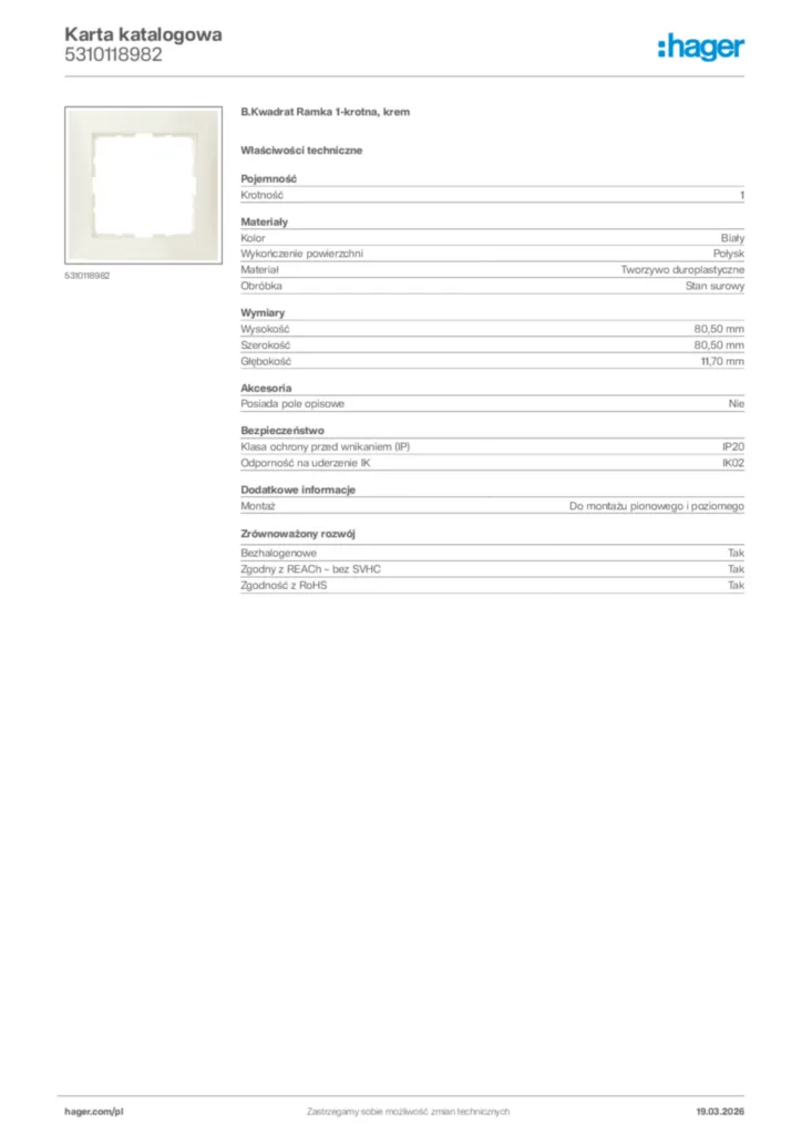 Zdjęcie Hager Karta katalogowa 5310118982 | Hager Polska