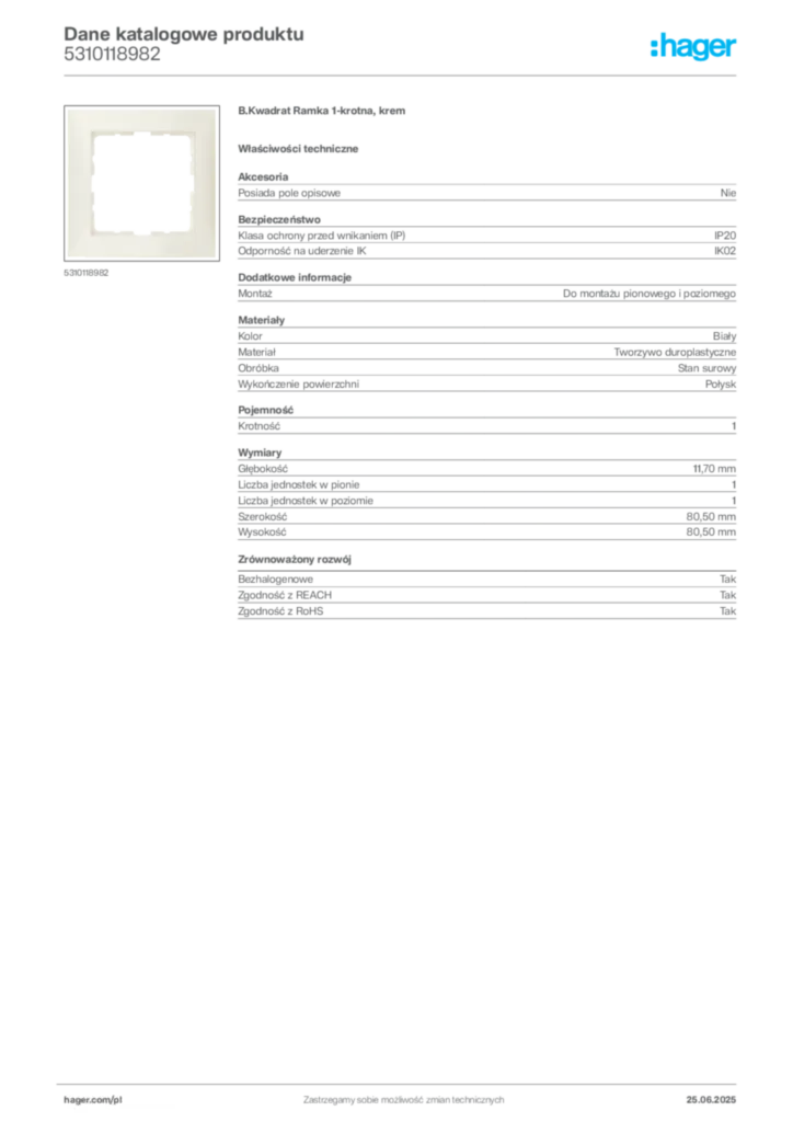 Zdjęcie Hager Dane katalogowe produktu 5310118982 | Hager Polska