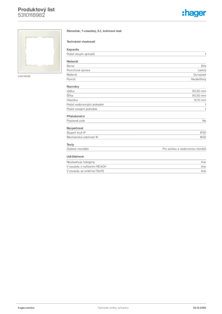 Obrázek Hager Produktový list 5310118982 | Hager