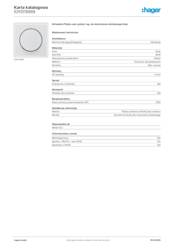 Zdjęcie Hager Karta katalogowa 5311378989 | Hager Polska