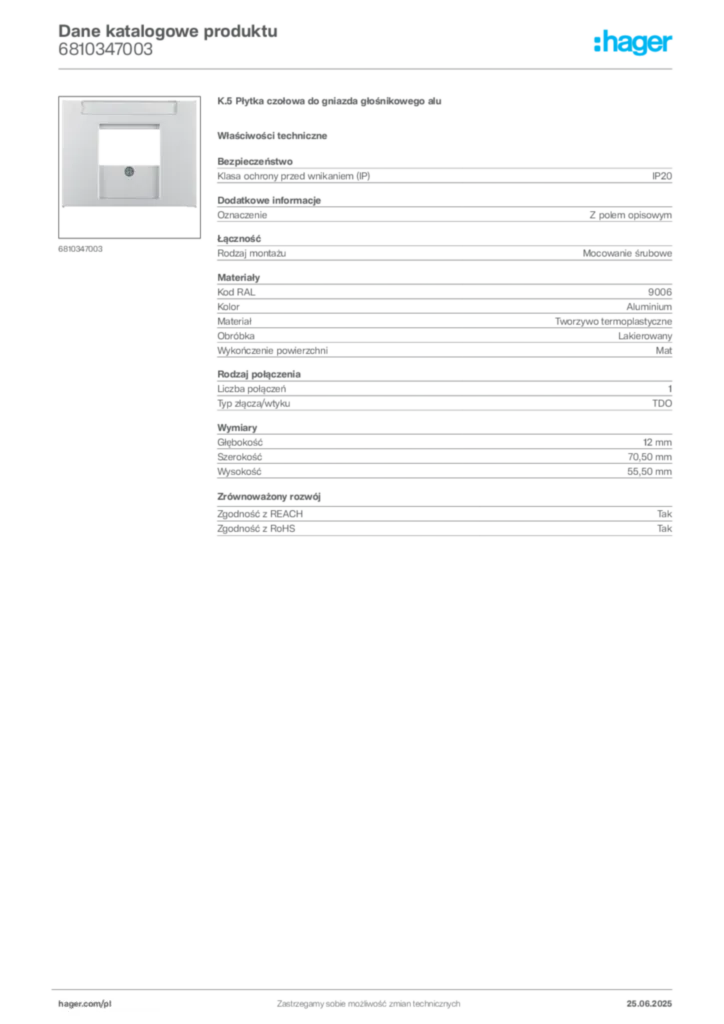 Zdjęcie Hager Dane katalogowe produktu 6810347003 | Hager Polska