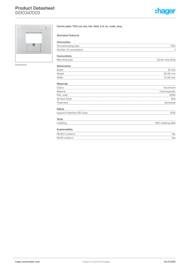 Image Hager Product data sheet 6810347003  | Hager