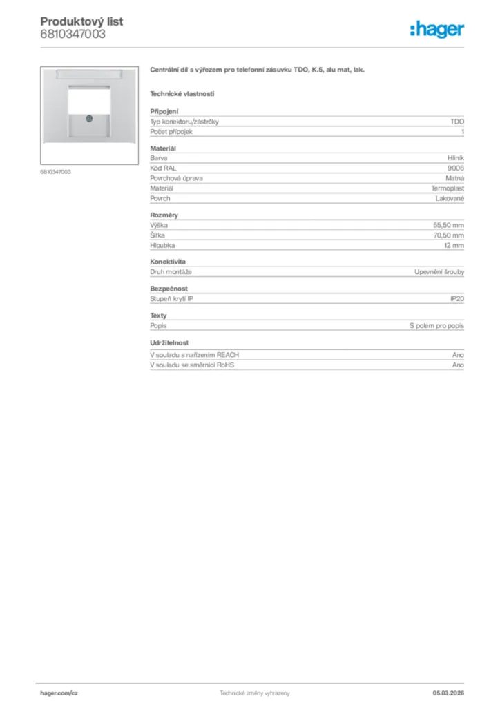 Obrázek Hager Product data sheet 6810347003 | Hager