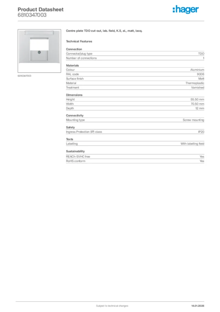 Image Hager Product data sheet 6810347003  | Hager