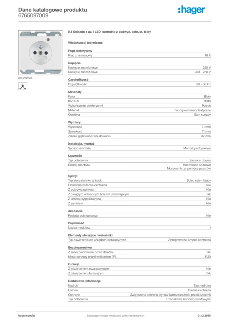 Zdjęcie Hager Dane katalogowe produktu 6765097009 | Hager Polska
