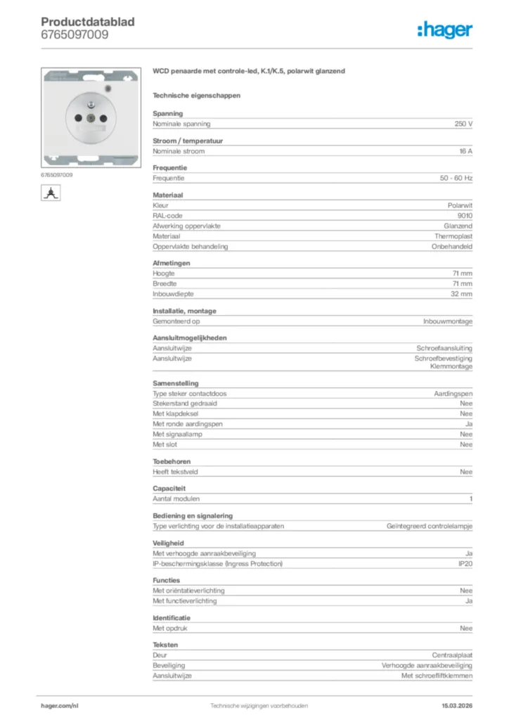 Afbeelding Hager Productdatablad 6765097009 | Hager Nederland
