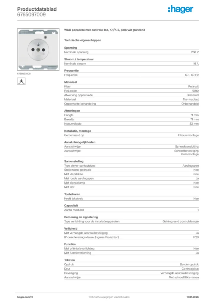 Afbeelding Hager Productdatablad 6765097009 | Hager Nederland