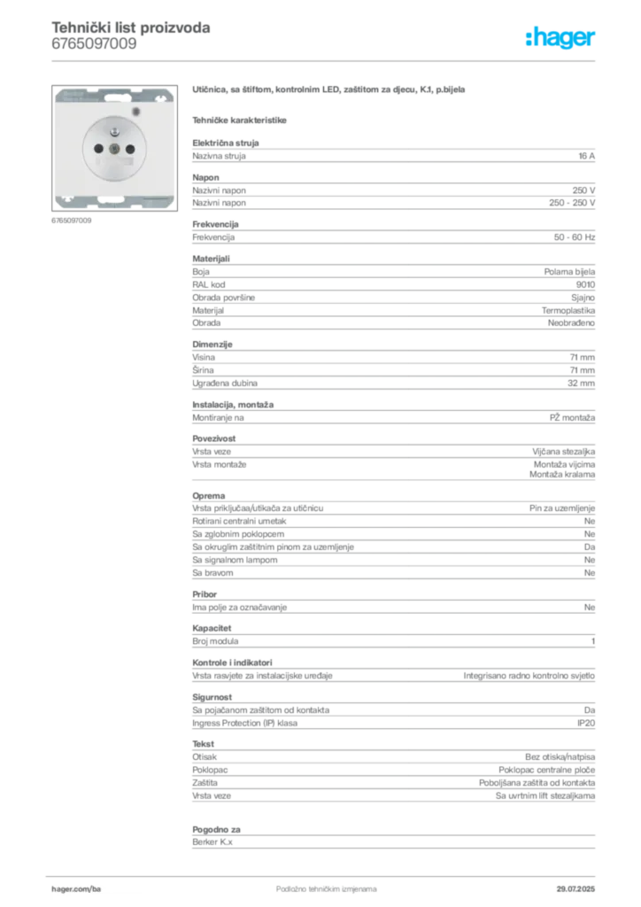 Slika Hager Product data sheet 6765097009  | Hager