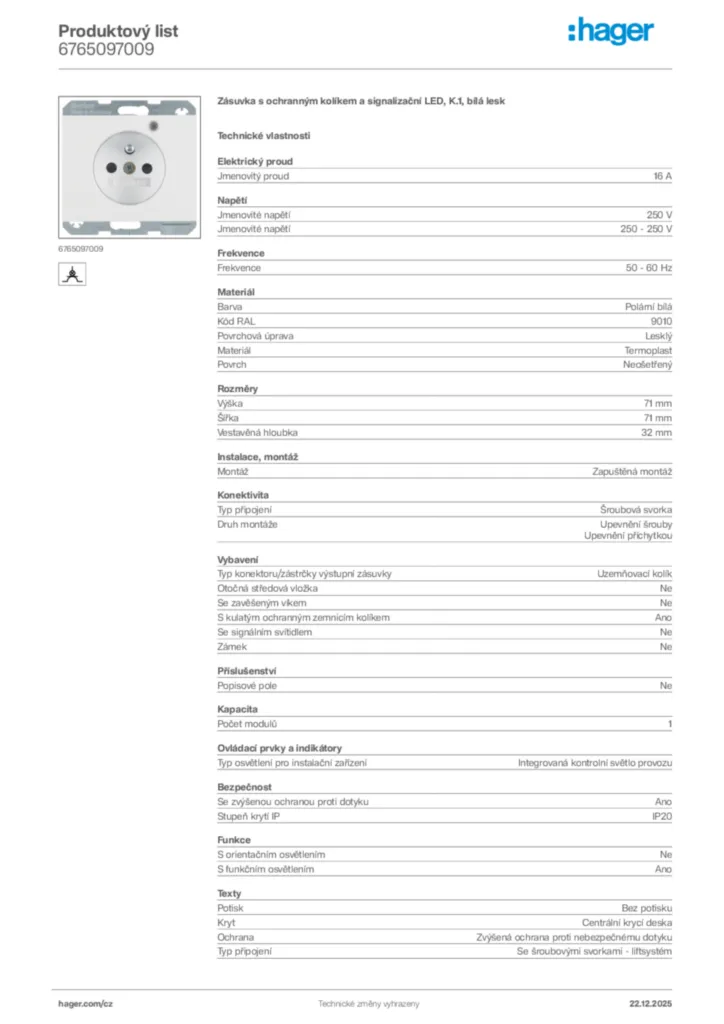 Obrázek Hager Produktový list 6765097009 | Hager
