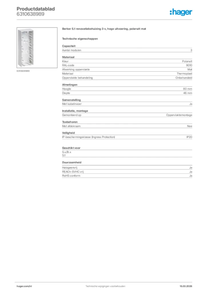 Afbeelding Hager Productdatablad 6310638989 | Hager Nederland