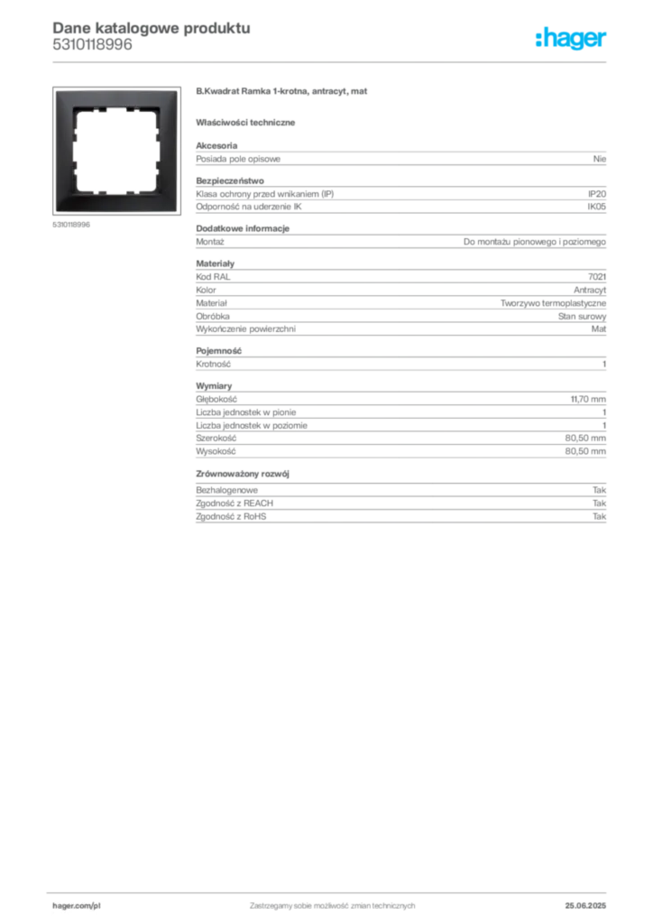 Zdjęcie Hager Dane katalogowe produktu 5310118996 | Hager Polska