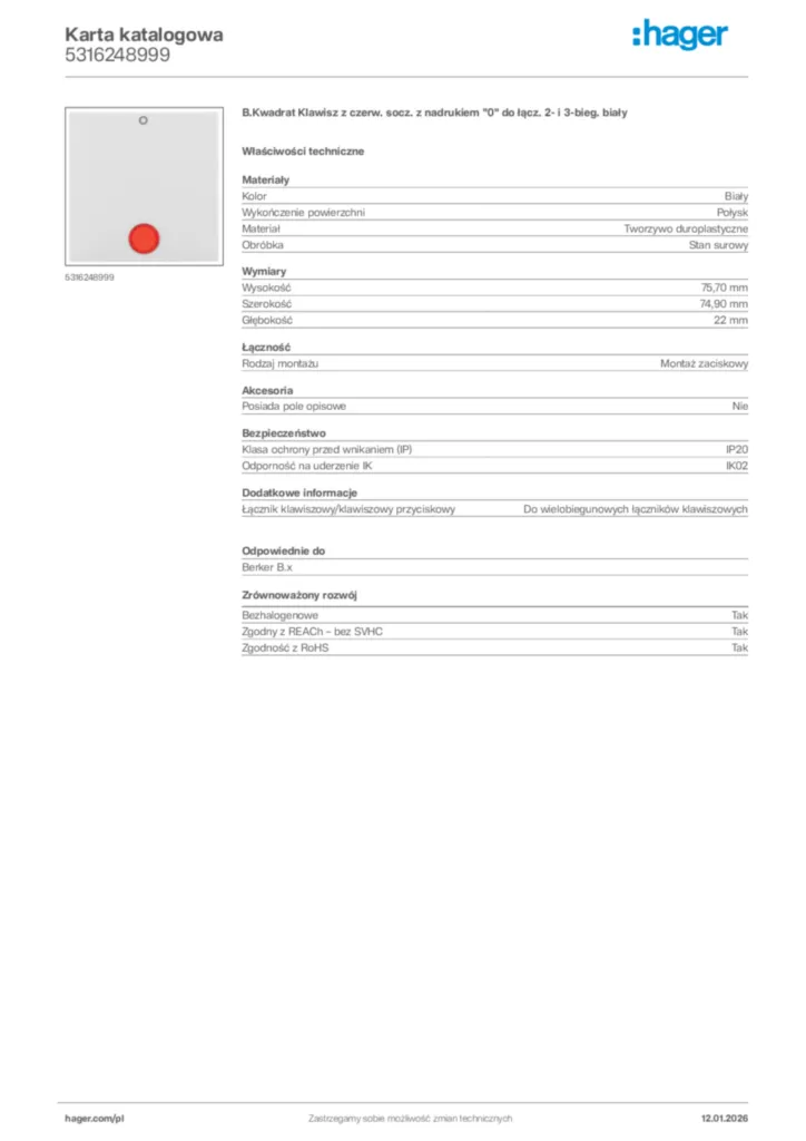 Zdjęcie Hager Karta katalogowa 5316248999 | Hager Polska