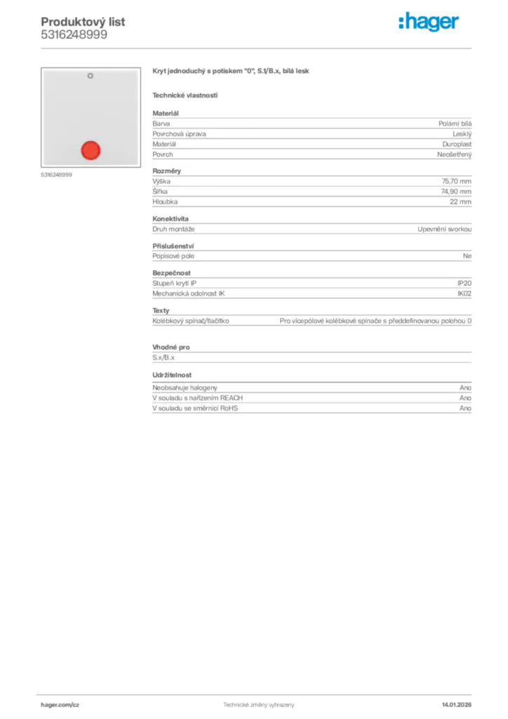 Obrázek Hager Product data sheet 5316248999 | Hager