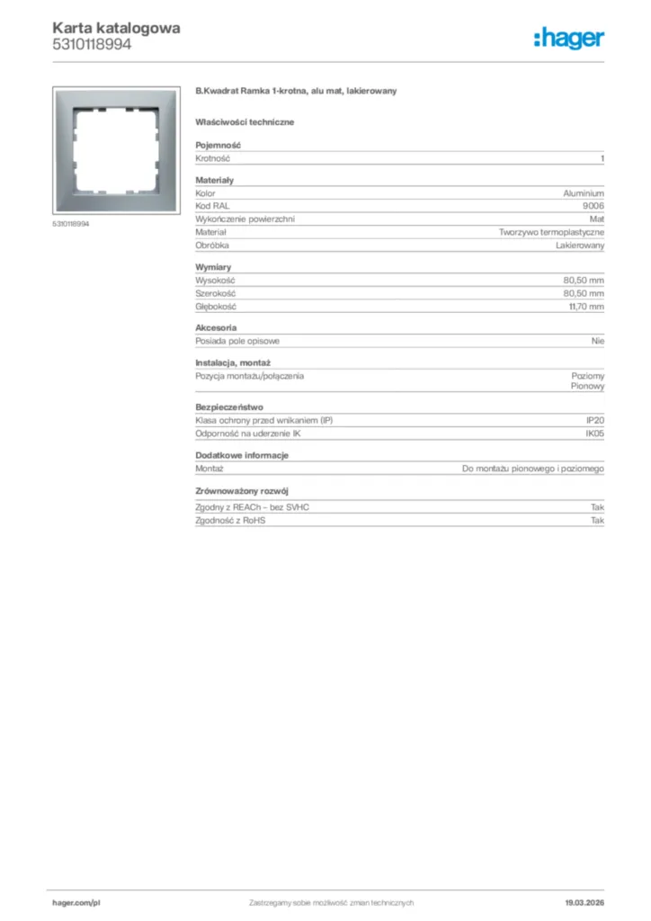 Zdjęcie Hager Karta katalogowa 5310118994 | Hager Polska