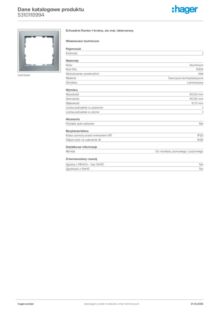 Zdjęcie Hager Dane katalogowe produktu 5310118994 | Hager Polska