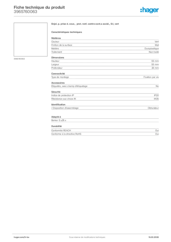 Image Hager Fiche technique du produit 3965760063 | Hager Belgique