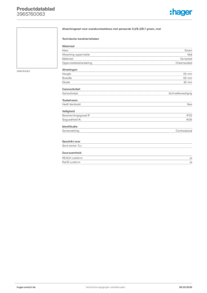 Afbeelding Hager Productdatablad 3965760063 | Hager Belgium