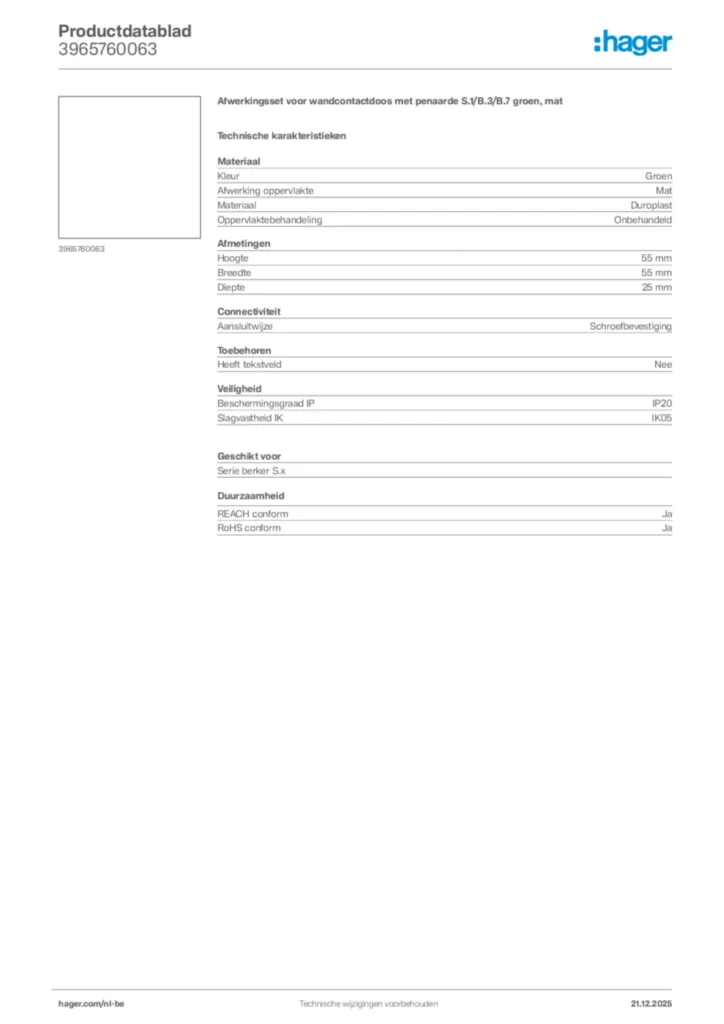 Afbeelding Hager Productdatablad 3965760063 | Hager Belgium
