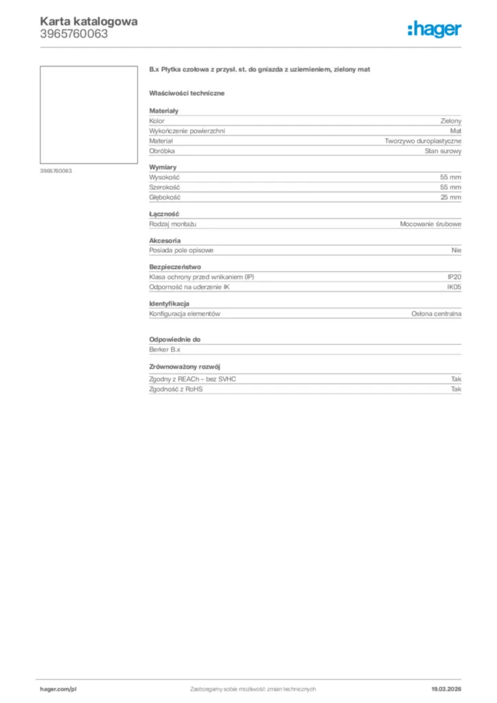 Zdjęcie Hager Karta katalogowa 3965760063 | Hager Polska