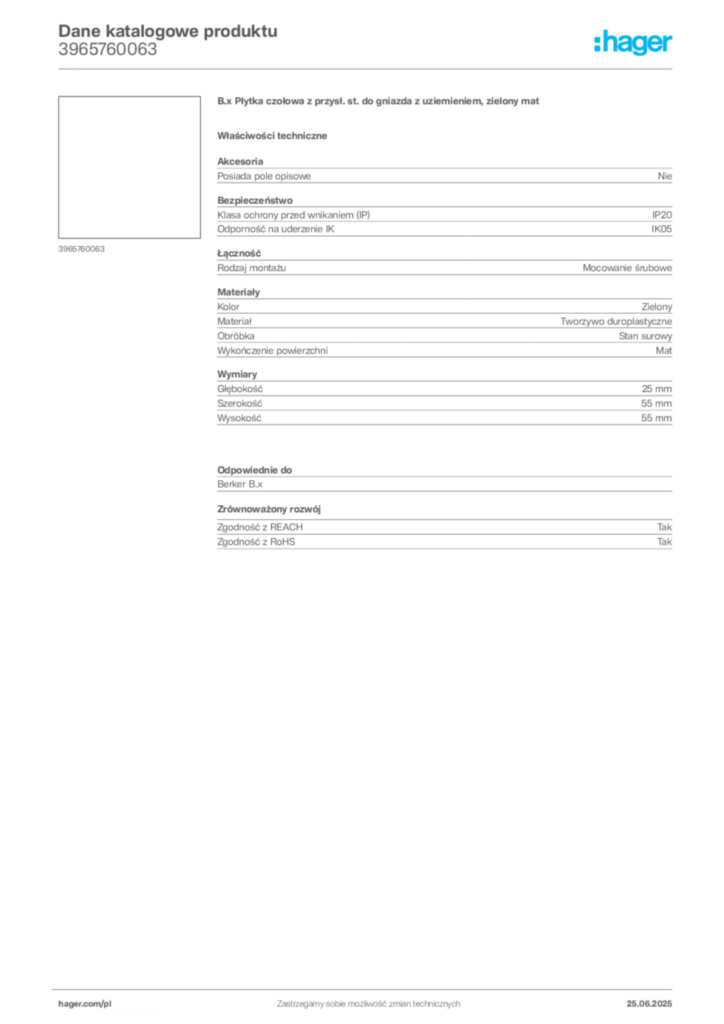 Zdjęcie Hager Dane katalogowe produktu 3965760063 | Hager Polska