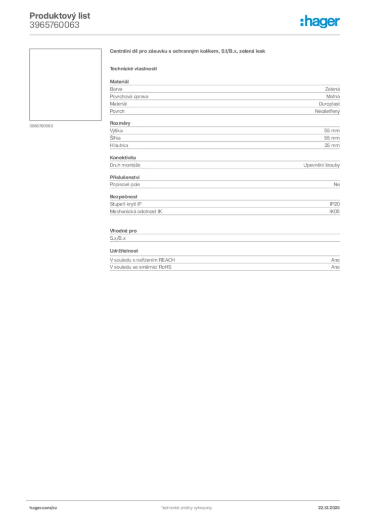 Obrázek Hager Produktový list 3965760063 | Hager