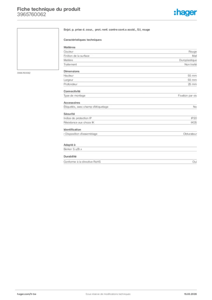 Image Hager Fiche technique du produit 3965760062 | Hager Belgique