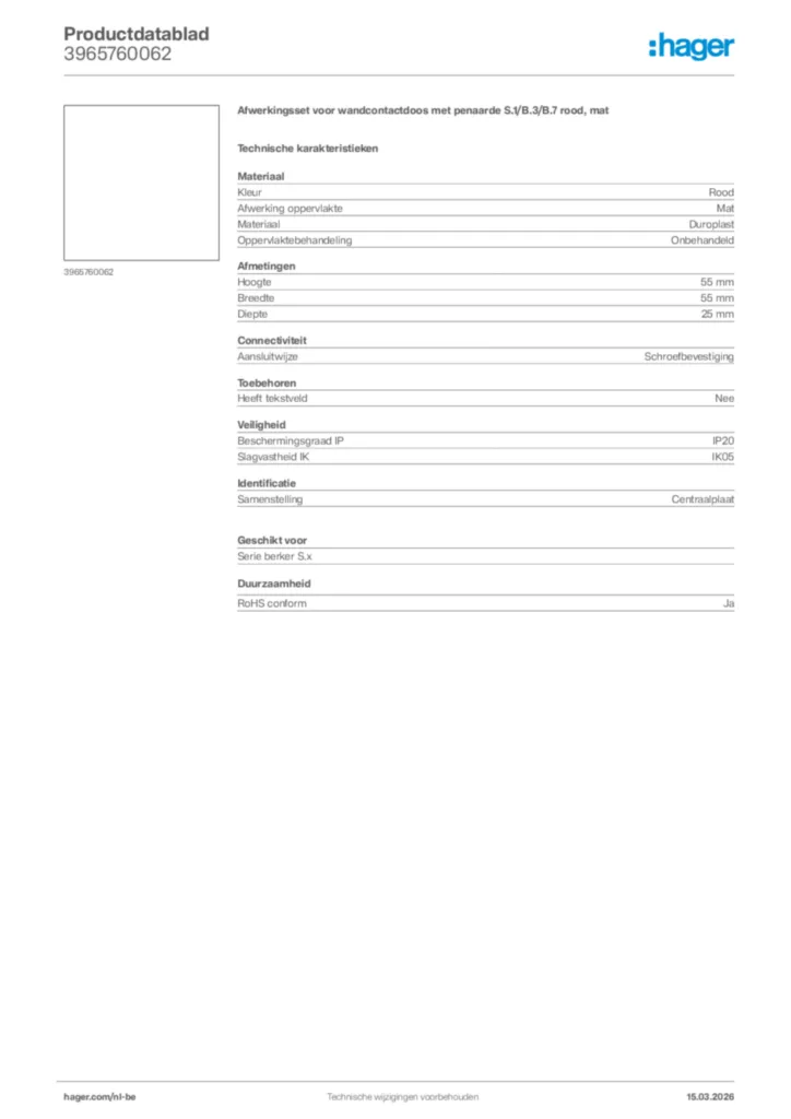 Afbeelding Hager Productdatablad 3965760062 | Hager Belgium