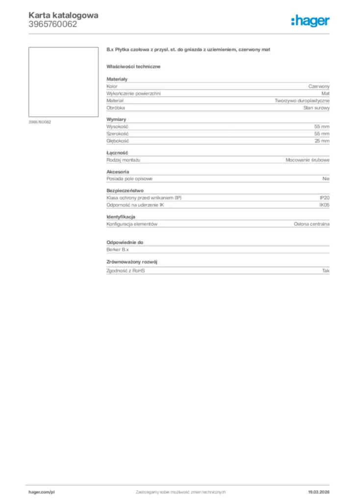 Zdjęcie Hager Karta katalogowa 3965760062 | Hager Polska
