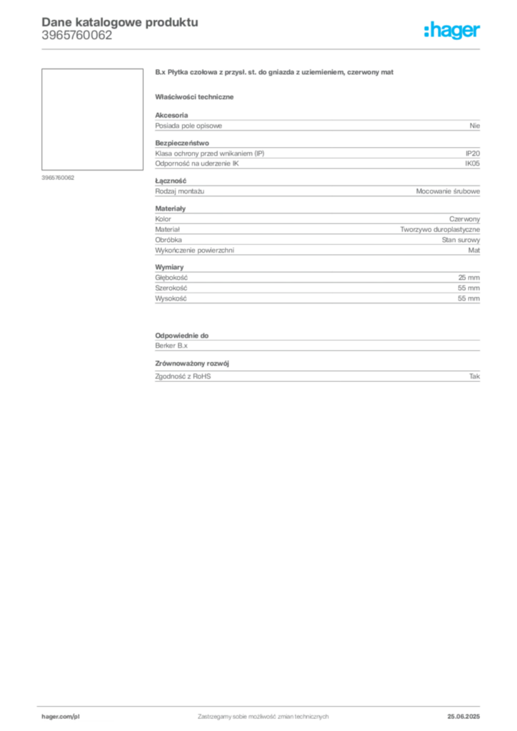 Zdjęcie Hager Dane katalogowe produktu 3965760062 | Hager Polska