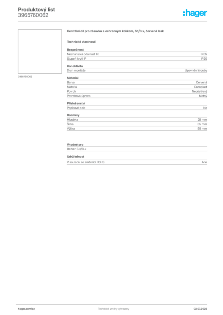 Obrázek Hager Produktový list 3965760062 | Hager