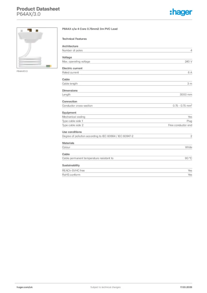 Image Hager Product data sheet P64AX/3.0  | Hager