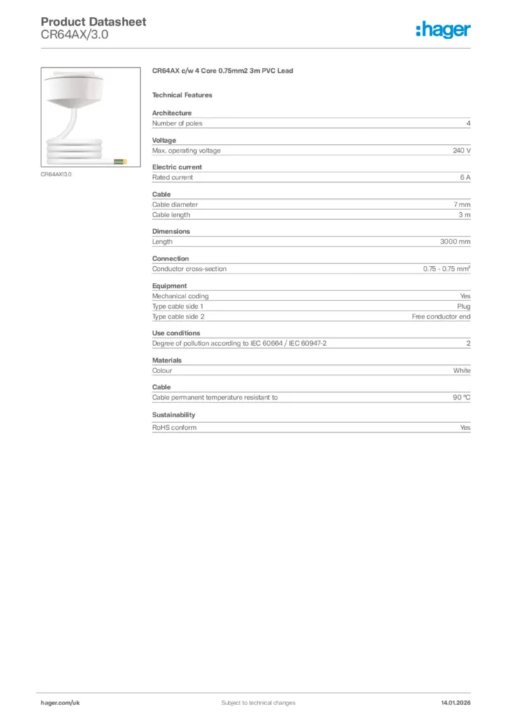 Image Hager Product data sheet CR64AX/3.0  | Hager