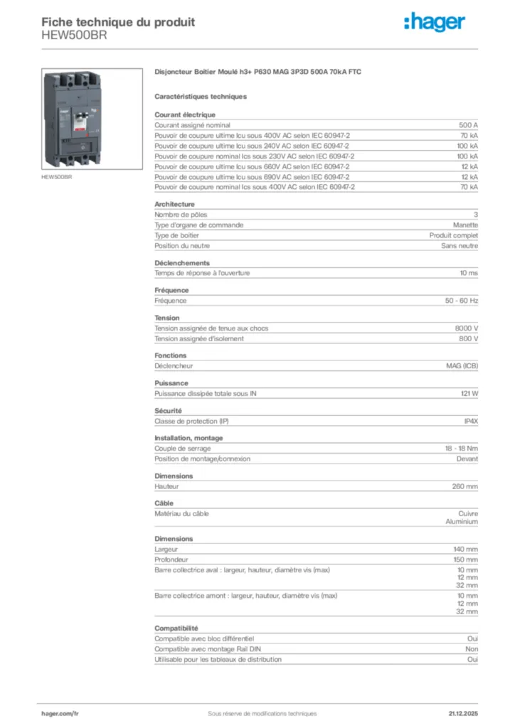 Image Hager Fiche technique du produit HEW500BR | Hager France