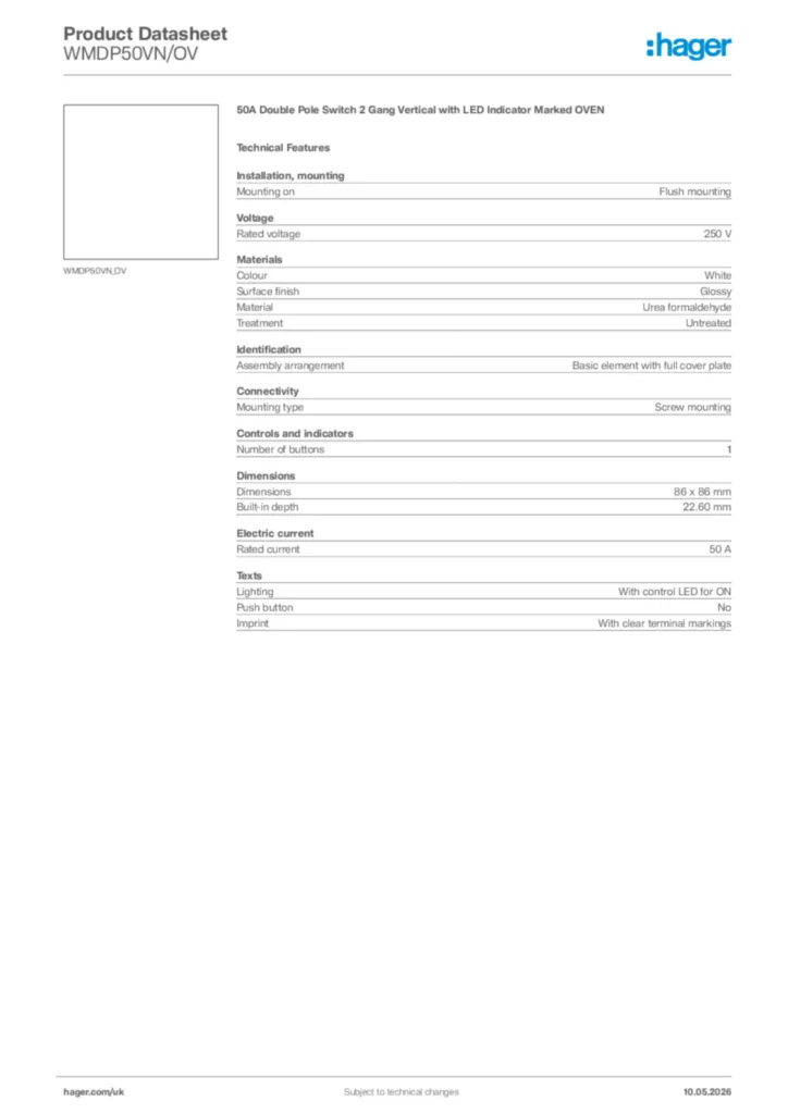 Image Hager Product data sheet WMDP50VN/OV  | Hager