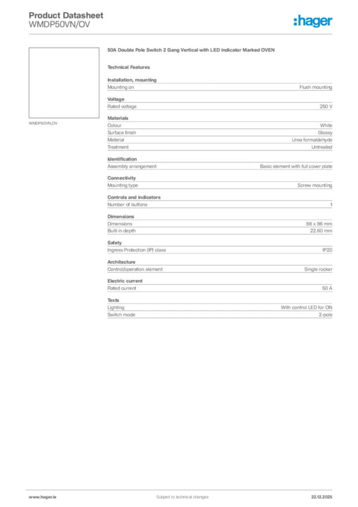 Image Hager Product data sheet WMDP50VN/OV  | Hager
